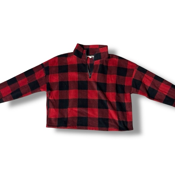 Hippie Rose Red/Black Flannel Checkered Quarter Zip Long Sleeve Cropped Fleece - Picture 6 of 15